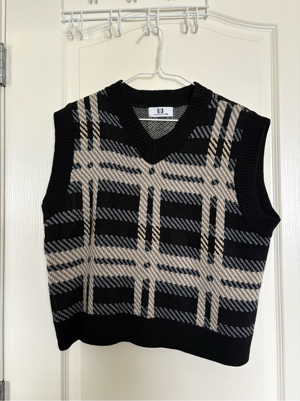 Urban Outfitters Black Plaid V-Neck Sweater Vest with Cream Accents